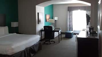 Pillow-top beds, desk, laptop workspace, free rollaway beds