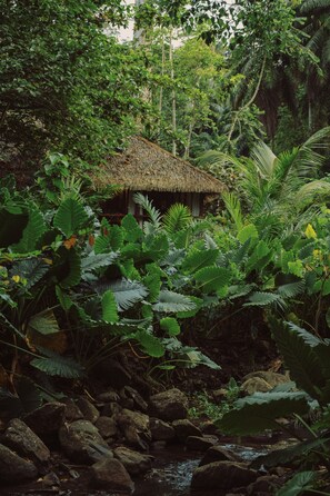 A rustic hut surrounded by lush tropical vegetation and a rocky stream. - Sundy Praia – Principe Collection (Príncipe Island)