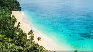A tropical beach with clear turquoise waters and dense palm trees. - Sundy Praia – Principe Collection (Príncipe Island)