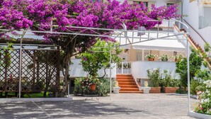 Une cour avec une pergola recouverte de fleurs violettes, un escalier et des plantes en pot.