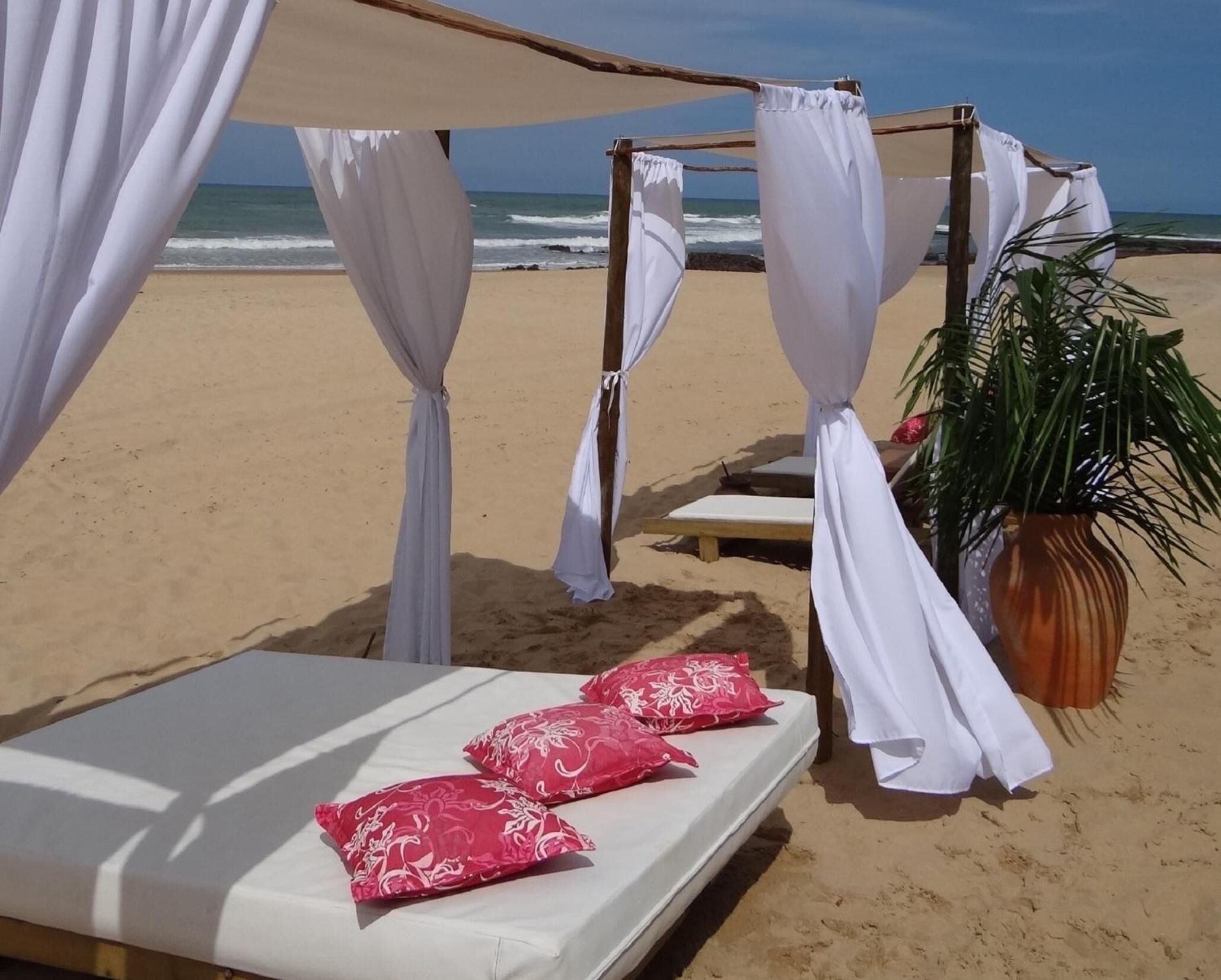 Una cabaña de playa con una cama y dos almohadas, una planta en maceta y vista al océano.