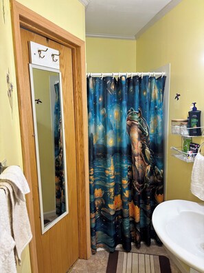 Separate bathtub and shower, deep-soaking bathtub, hair dryer, towels