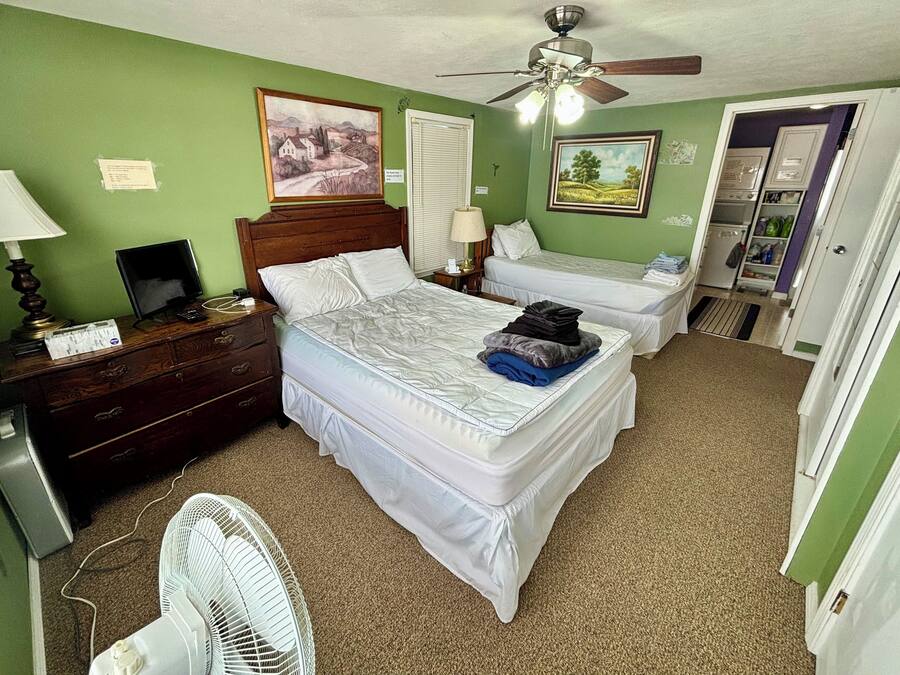 A bedroom with two beds, a ceiling fan, a desk with a lamp, and artwork on the walls.