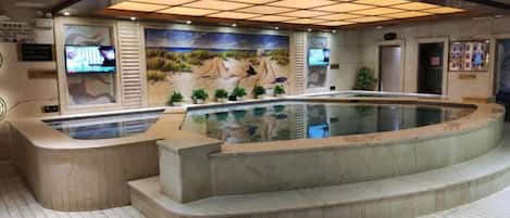 Un espace piscine agrémenté d’une fresque murale, un comptoir d’accueil et un sol carrelé.