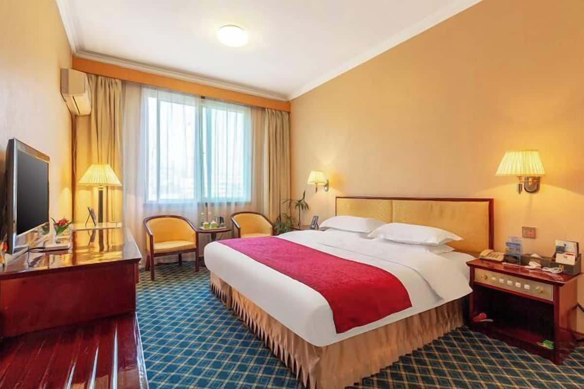 A hotel room with a bed, a desk, a chair, a TV, and a window with curtains.