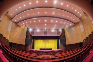 Un auditorio amplio con asientos escalonados, un escenario con cortina amarilla y un diseño de techo moderno.