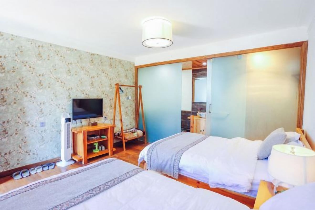 A bedroom with two beds, a TV, a wooden wardrobe, and a mirror.