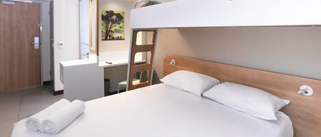 Desk, laptop workspace, free WiFi, bed sheets