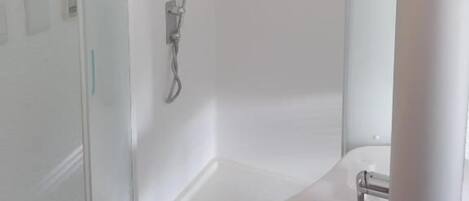 A modern bathroom with a glass shower enclosure, a white sink, and a toilet.