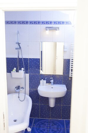 Combined shower/tub, hair dryer, towels