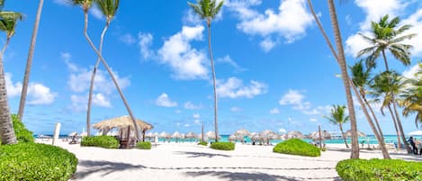 On the beach, sun loungers