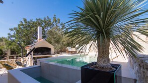 A swimming pool with a stone wall, a potted plant, and outdoor furniture. - Villa Pearl of the Adriatic - discover some undiscoverd(10 meters from sea) (drvenik mali)