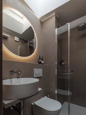 Shower, hair dryer, bidet, towels