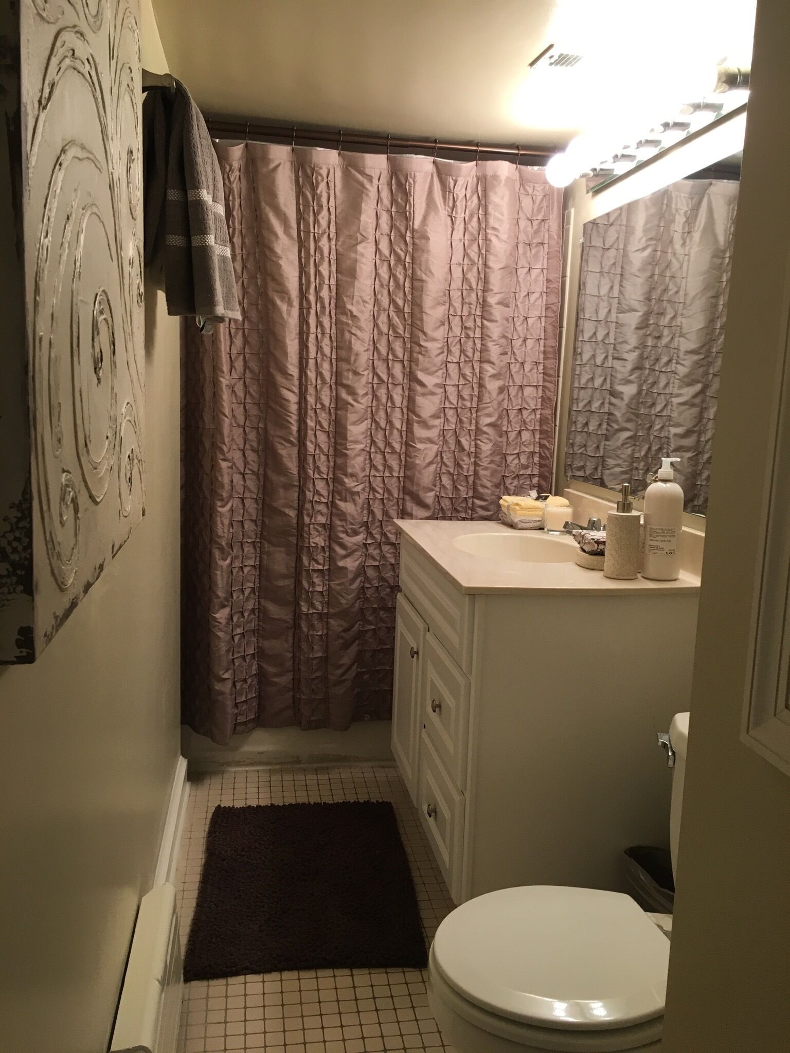 A bathroom with a shower curtain, a sink with toiletries, a toilet, and a dark rug on the floor.