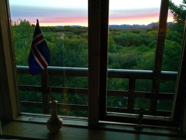 A window with a flag, a vase, and a view of a landscape.