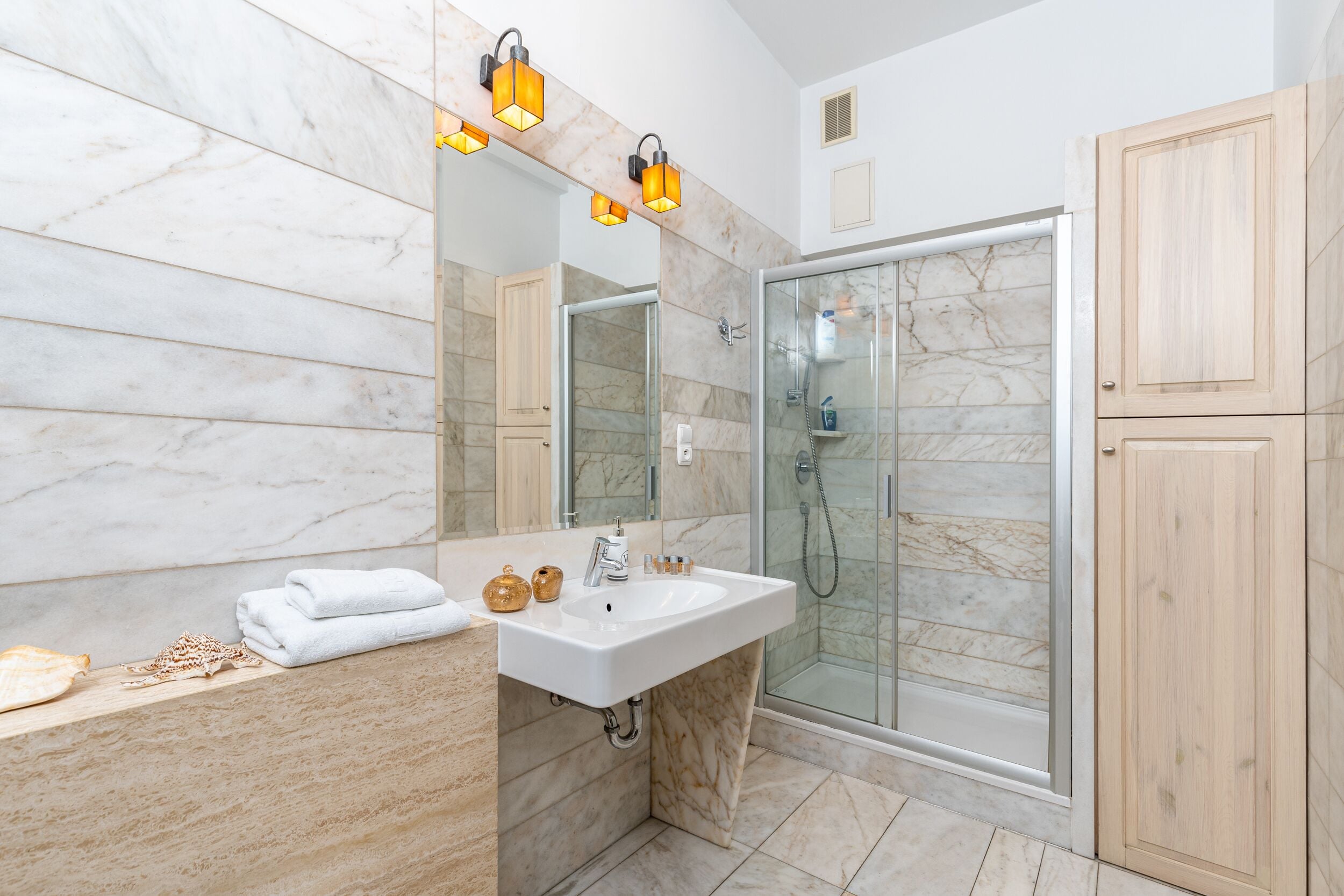 Shower, hair dryer, bidet, towels