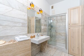 Shower, hair dryer, bidet, towels