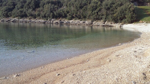 Ein Kiesstrand mit klarem Wasser und einer bewaldeten Hügelkette im Hintergrund.