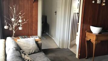 TV, fireplace, DVD player, books