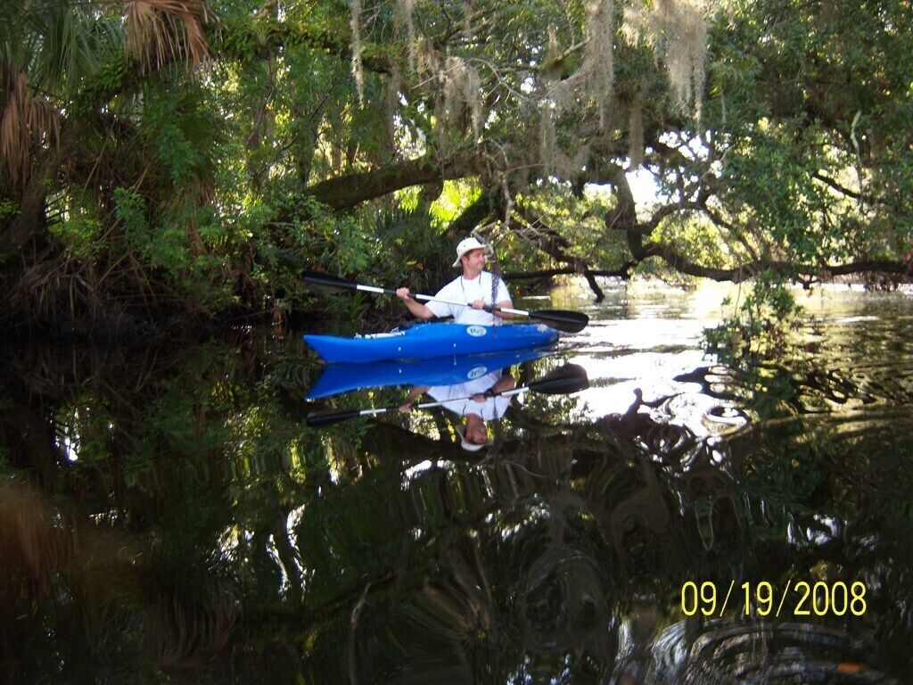 A person in a kayak on a calm body of water surrounded by dense greenery.