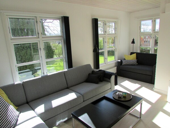 Smart TV, fireplace, foosball, printers