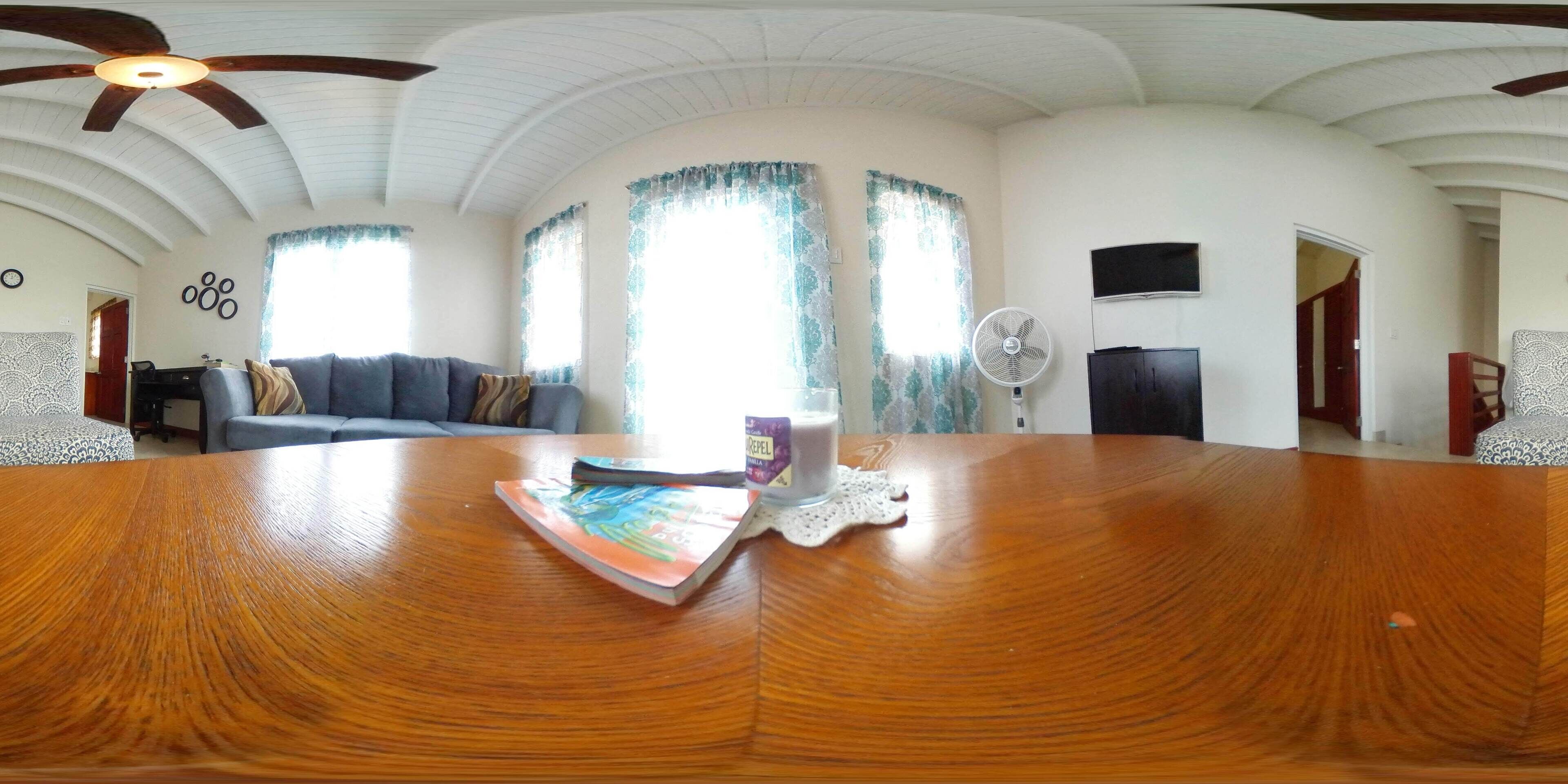 Une pièce spacieuse avec une grande table en bois, un canapé et un ventilateur de plafond.