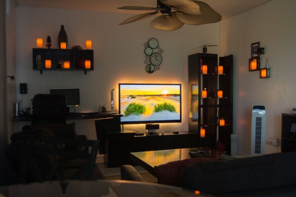 Smart TV, DVD player, books, music library