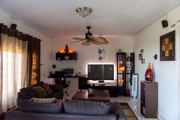 A living room with a sofa, coffee table, TV, and ceiling fan.