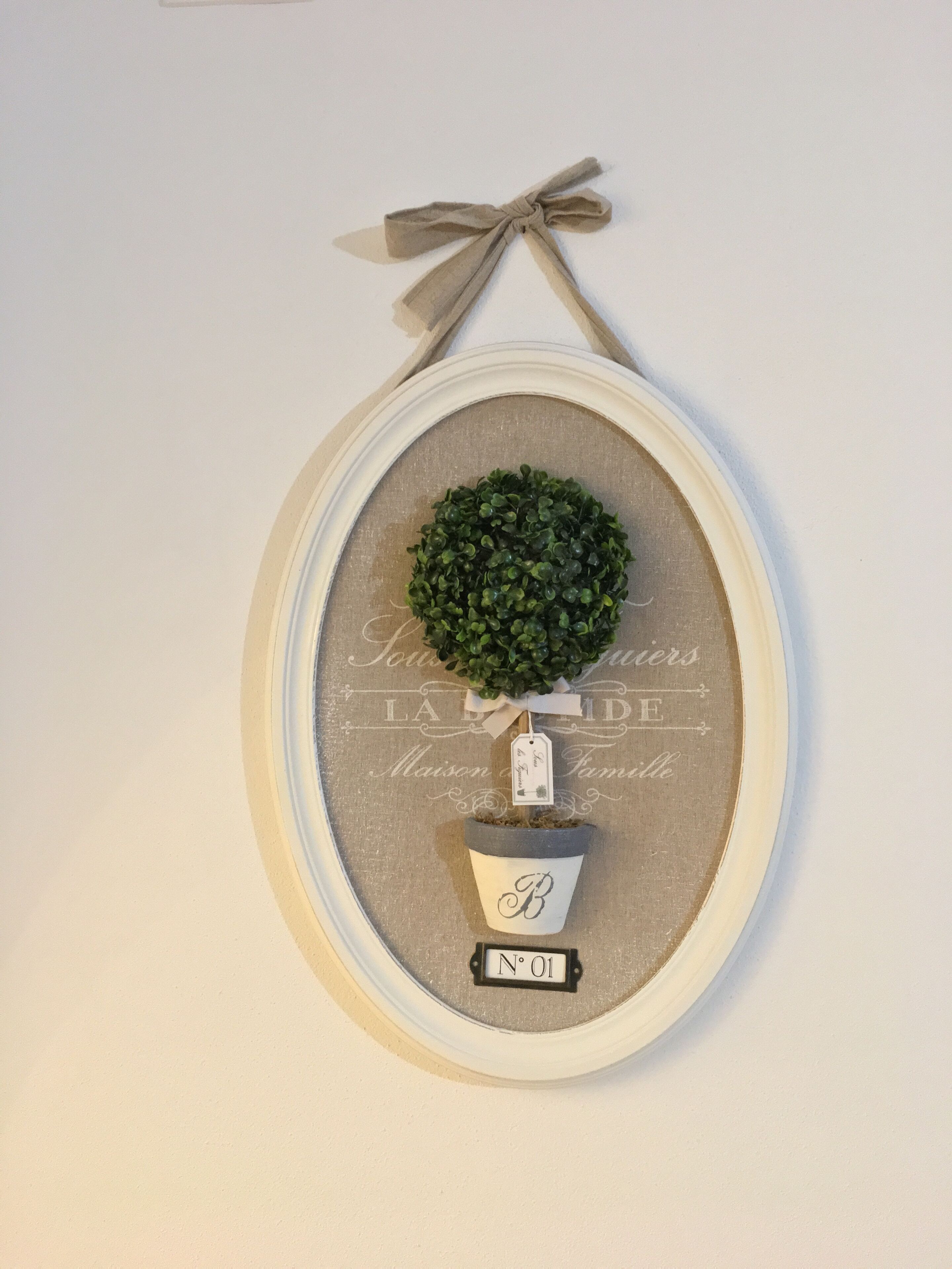 Decoración de pared en marco con una planta pequeña en maceta, una etiqueta y una placa de identificación.