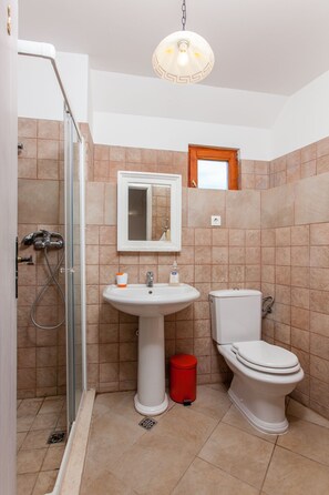 A bathroom with a shower, sink, toilet, and a mirror. - Countryside Family Villa with Private Pool (Donje Selo)