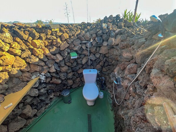 A toilet with a green floor, surrounded by a rocky wall.