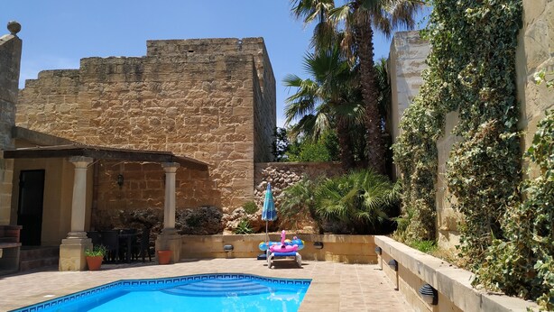 Ein Pool mit Steinmauer und Palmen im Hintergrund.
