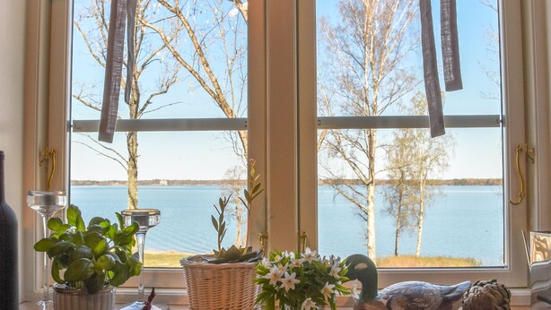 A kitchen with a view of a lake, a fruit bowl, a vase with flowers, and a basket.