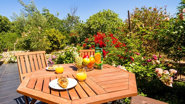 Una mesa de madera al aire libre con un plato de comida, un vaso de jugo de naranja y una botella de jugo.