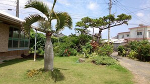 A residential area with a well-maintained lawn, a palm tree, and various shrubs. - TETRIS Guest House Kunisato (Isen)