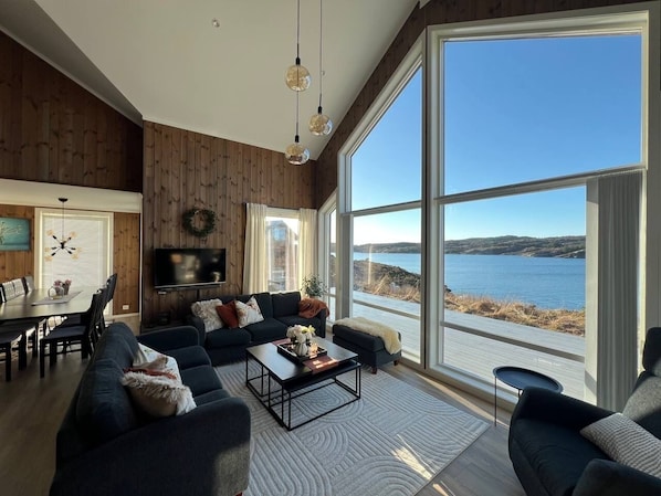 Smart-TV, Kamin, Bücher, Stereoanlage