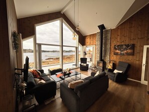 Smart-TV, Kamin, Bücher, Stereoanlage