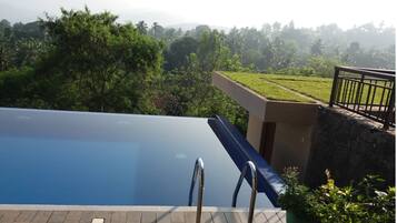 A swimming pool with a view of a lush landscape and a stone wall.