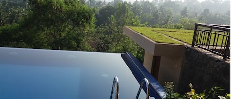 A swimming pool with a view of a lush landscape and a stone wall.