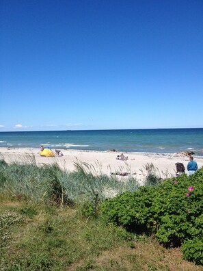 A beach with tents and people relaxing.