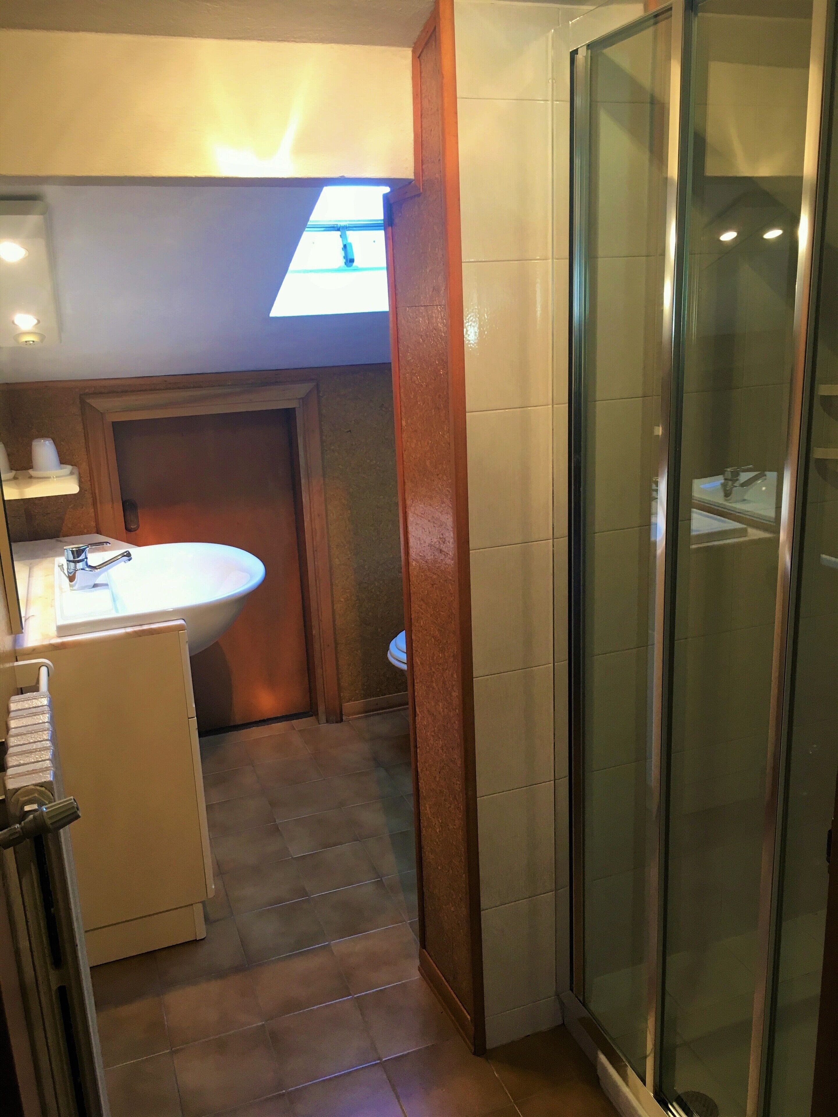 A bathroom with a glass shower enclosure, a sink, and a mirror.