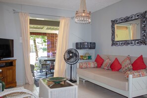 110-cm TV with satellite channels, DVD player, stereo