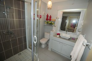 A bathroom with a glass shower enclosure, a toilet, a sink with a mirror, and decorative items on shelves. - LES Condos in Beautiful Complex With Pool, Near the Beach (Cap Malheureux)