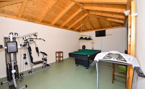 A gym with exercise equipment, a pool table, and a billiards table.