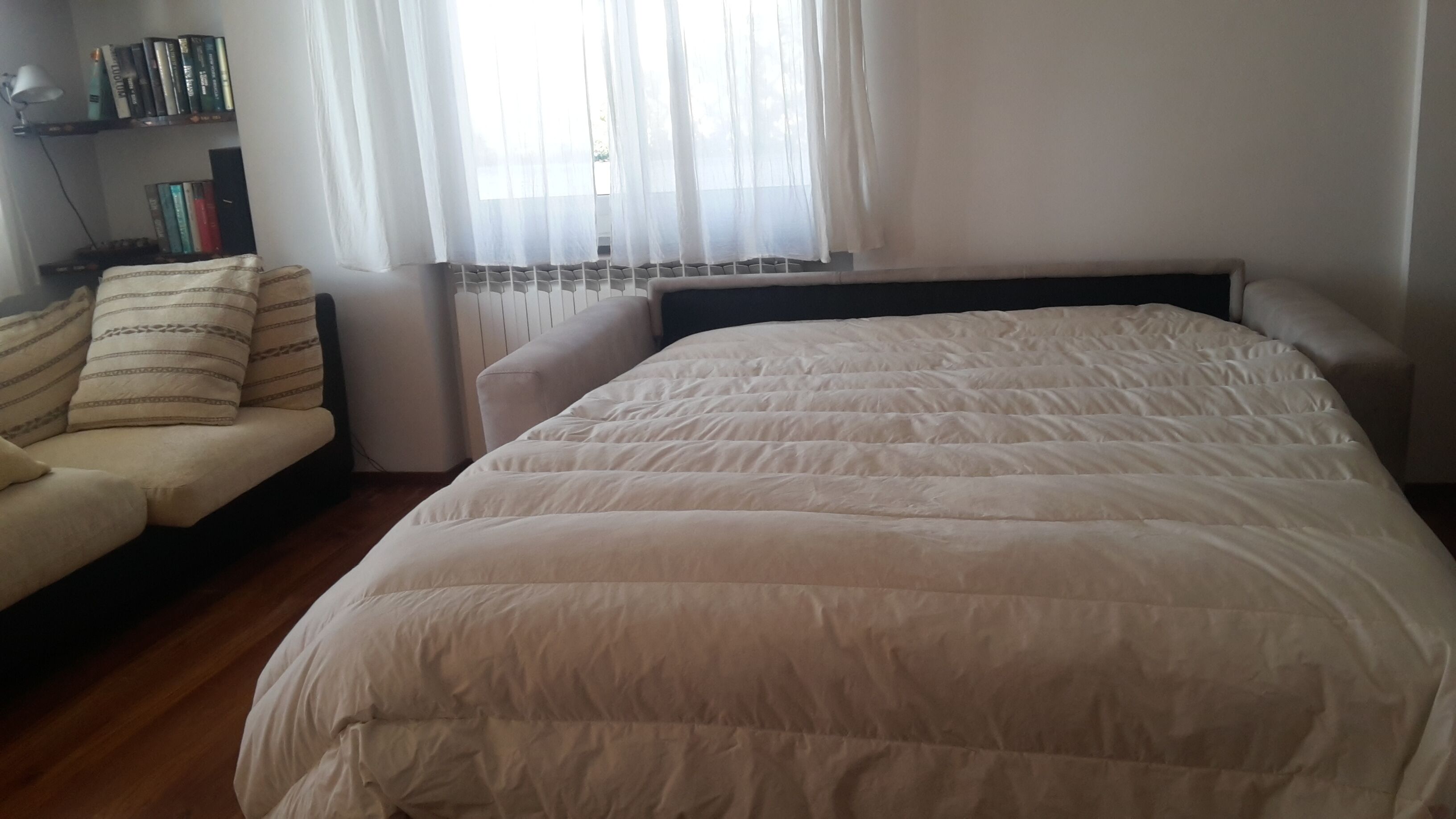 A bedroom with a large bed, a sofa, a radiator, and a bookshelf with books.