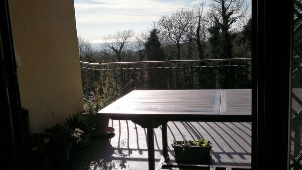 A balcony with a table and chairs, potted plants, and a view of trees and mountains.