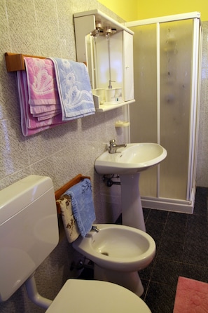 A bathroom with a toilet, bidet, sink, and a glass-enclosed shower.