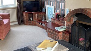 Una sala de estar con chimenea, televisor y estantería.