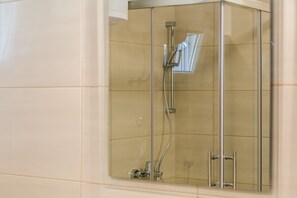 Combined shower/bathtub, hair dryer, towels, soap