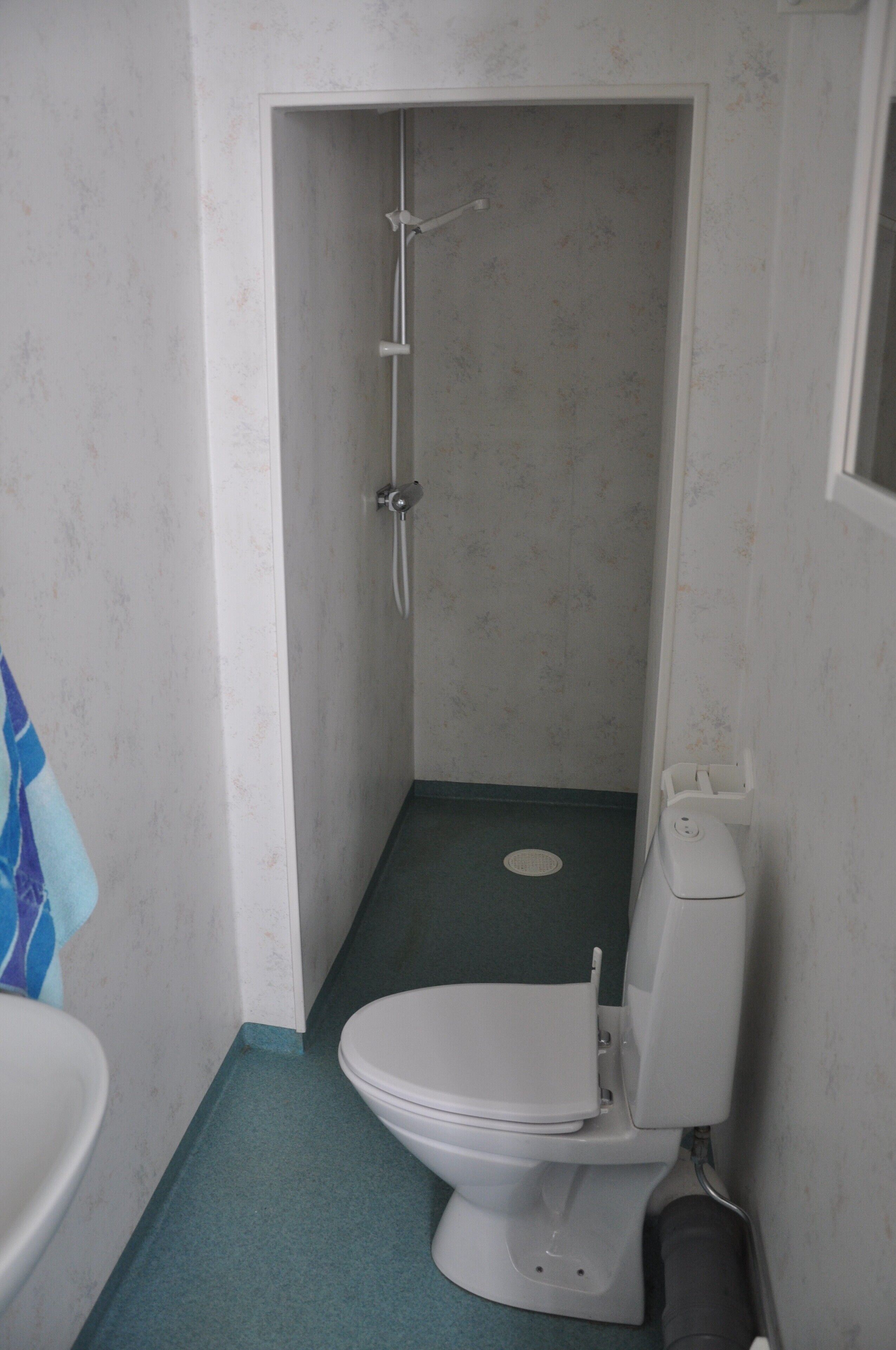 Een kleine badkamer met toilet, douche en bidet.